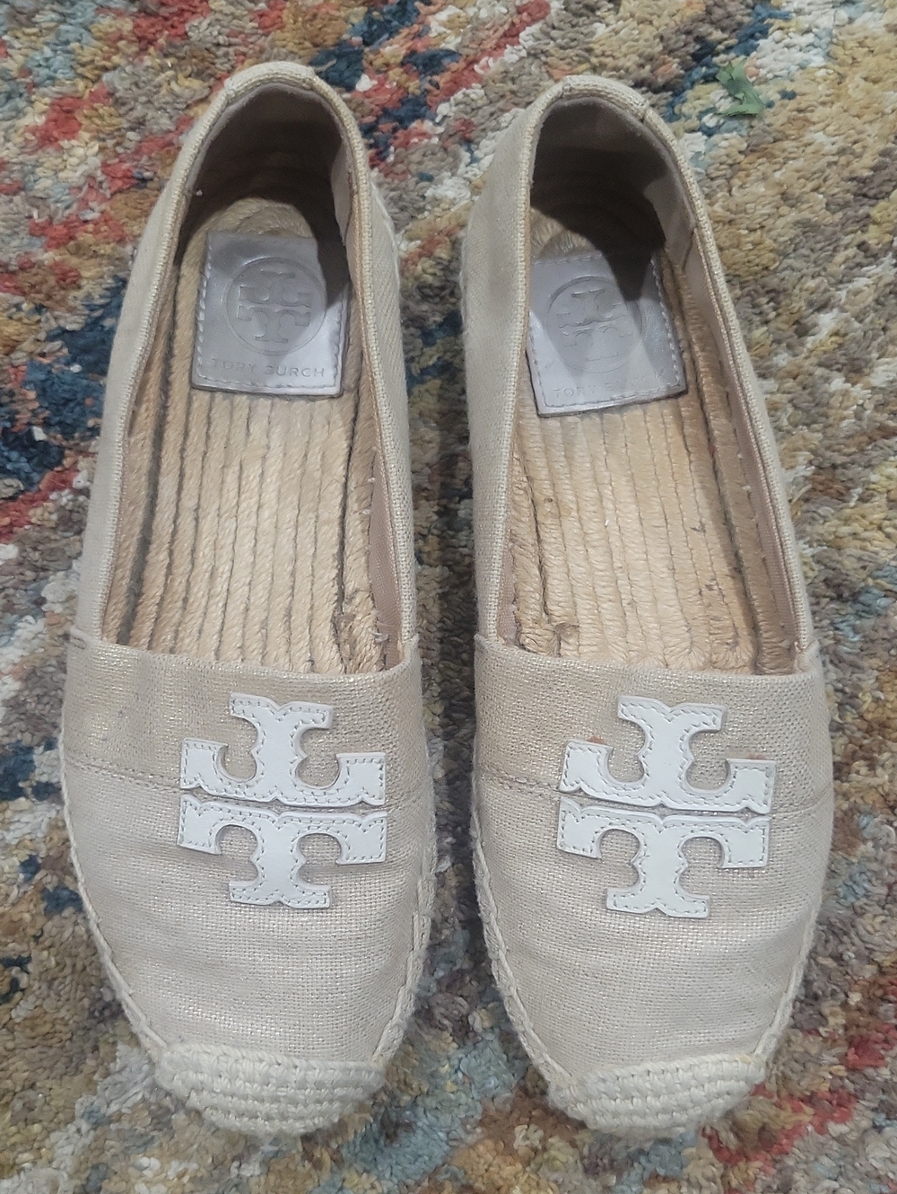 Tory Burch Natural Canvas Espadrille Flats with White Logo